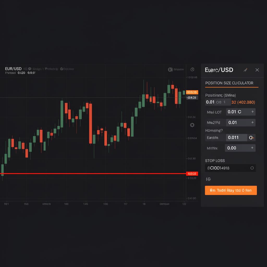 Trading-Plattform mit EUR/USD-Chart, eingezeichnetem Stop Loss und Positionsgrößen-Rechner für 0,01 Lot