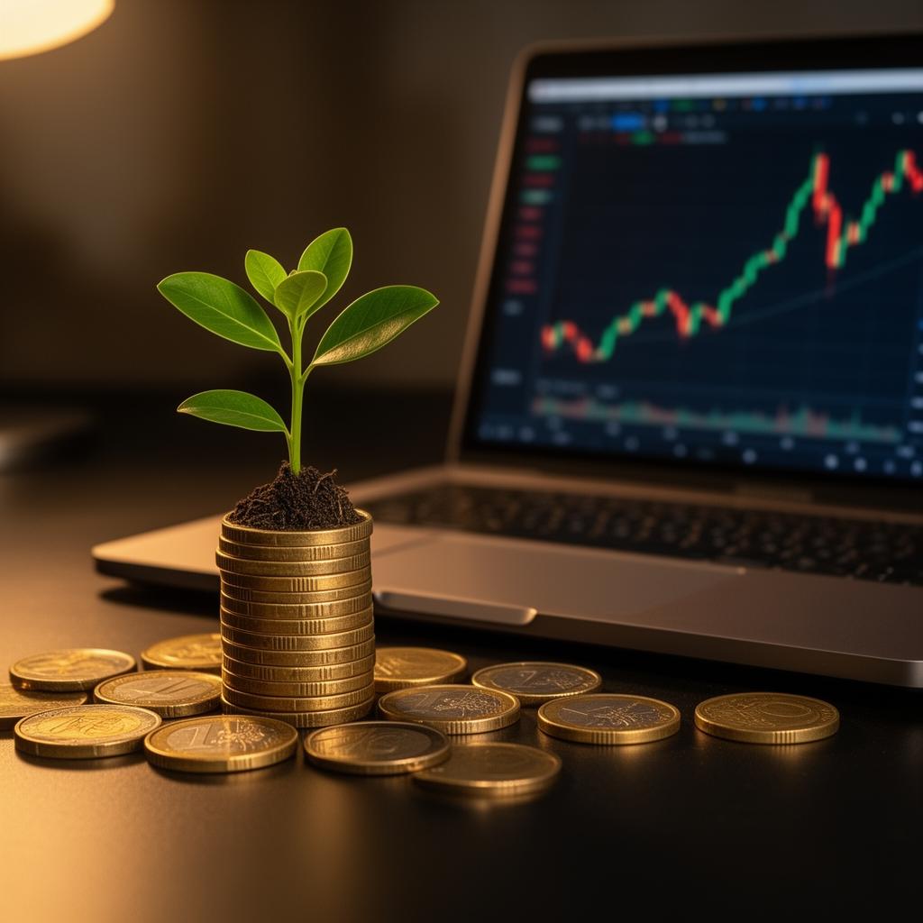 Kleiner grüner Pflanzenspross auf einem Stapel Euromünzen neben einem Laptop mit steigendem Trading-Chart